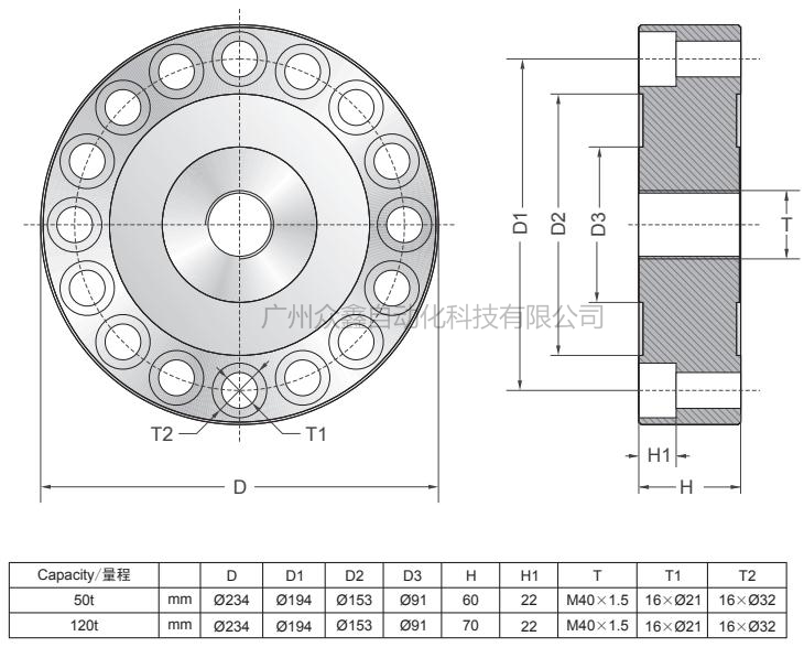 美國傳力 DBSL-TJ-50T稱重傳感器安裝尺寸