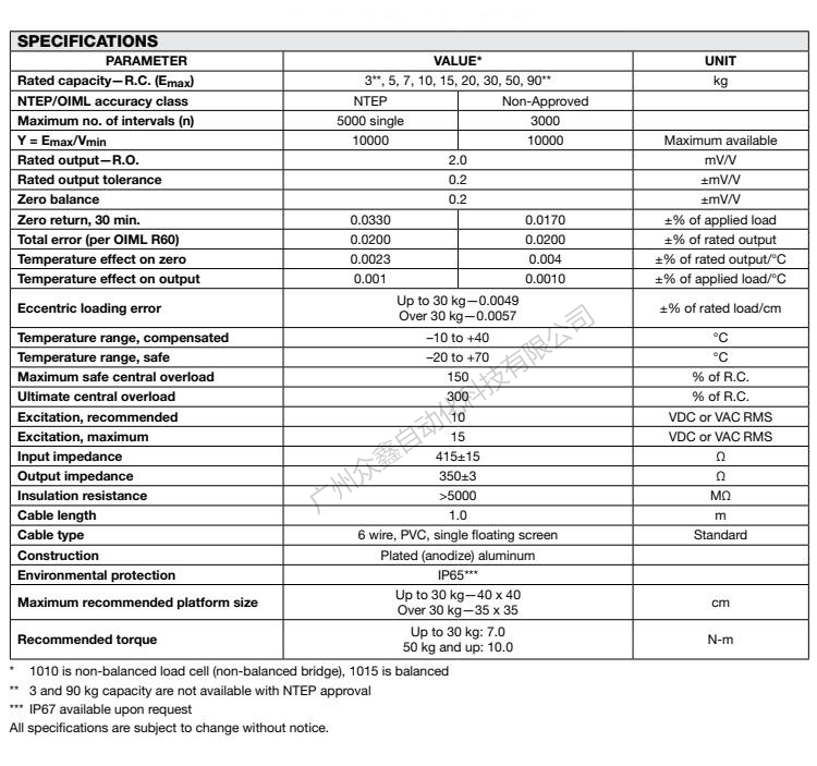 美國(guó)特迪亞 1010-3kg稱重傳感器產(chǎn)品技術(shù)參數(shù)